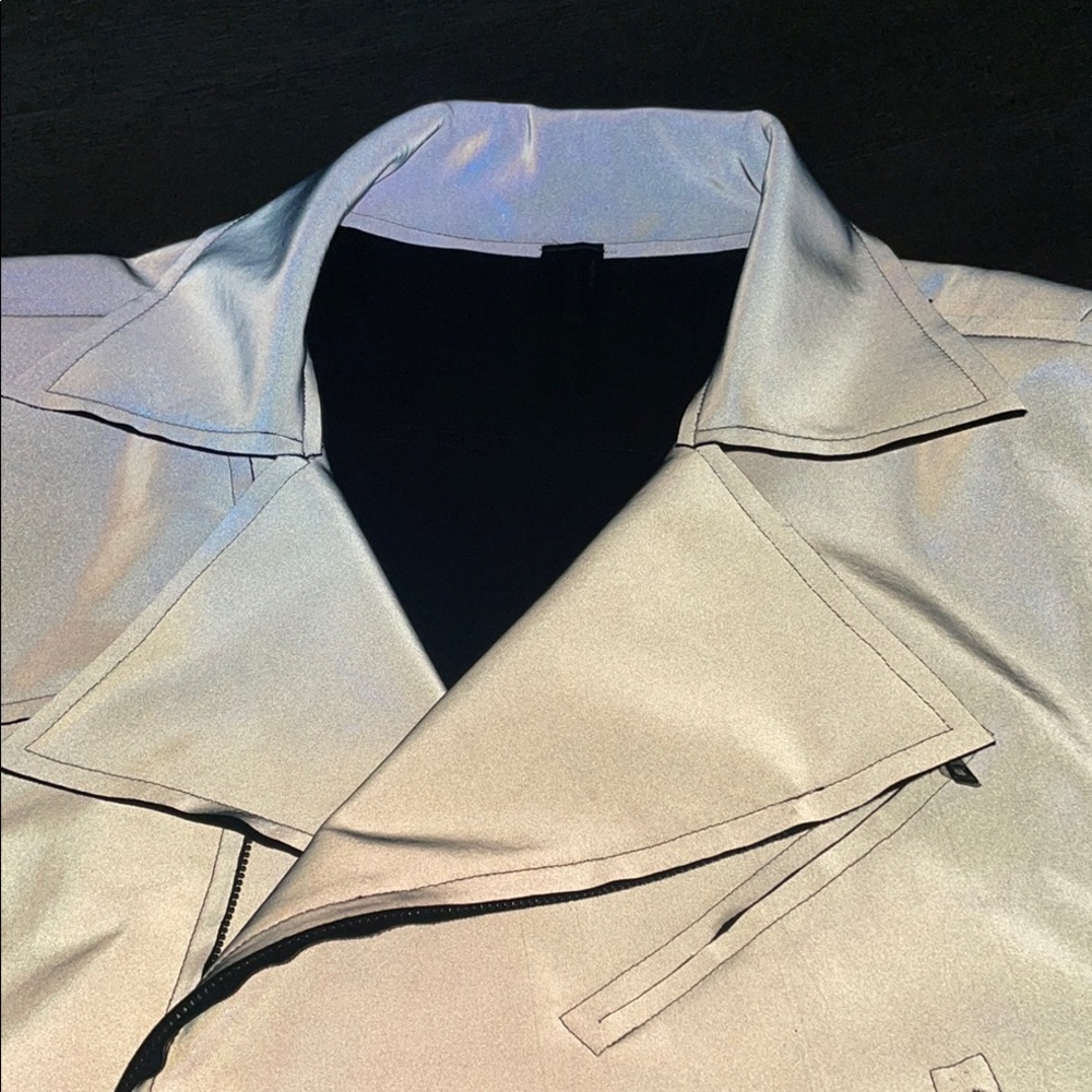 Norma Kamali Reflective Silver Gray Oversized Moto Jacket - Picture 7 of 10